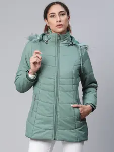 Foreign Culture By Fort Collins Women Green Solid Parka Jacket with Detachable Hood