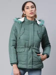 Foreign Culture By Fort Collins Women Green Solid Parka Jacket with Detachable Hood