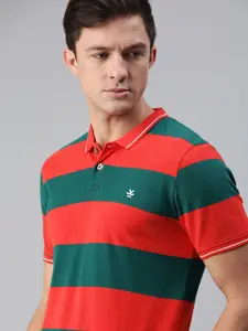 WROGN Men Red & Olive Green Striped Slim Fit Cotton Polo Collar T-shirt