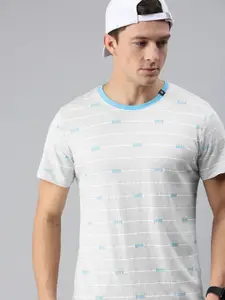 WROGN Men Grey & White Striped & Typography Print Slim Fit Cotton T-shirt
