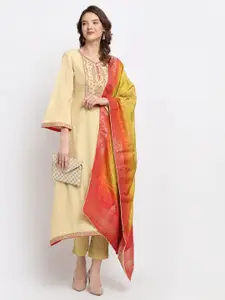 Stylee LIFESTYLE Beige & Red Embroidered Pure Silk Unstitched Dress Material