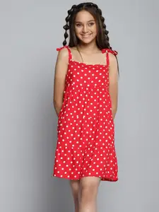 YK Girls Red & White Polka Dots Printed Tiered A-Line Dress