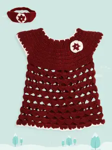 YK Infant Girls Maroon Crochet Semi Sheer A-Line Dress with Hairband