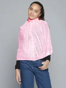 YK Girls Pink Cable Knit Self-Design Poncho