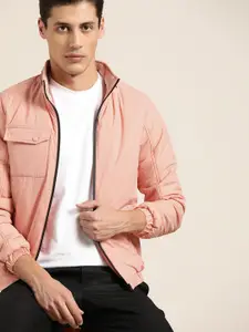 ether Men Peach-Coloured Solid Foldable Hood Tailored Jacket