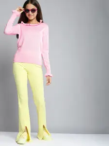 YK Girls Pink Acrylic Solid Pullover Sweater with Ruffles Detail