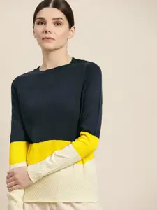 ether Women Navy Blue & Yellow Colourblocked Pullover