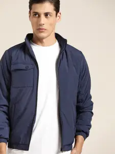 ether Men Navy Blue Solid Foldable Hood Tailored Jacket