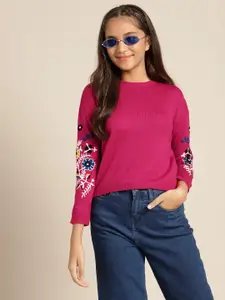 Sangria Girls Fuchsia & White Solid Sweater with Embroidered Detail