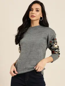 Sangria Women Charcoal Grey Solid Pullover with Embroidered Detail