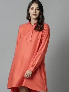 RAREISM Orange Mandarin Collar Neck Shirt Dress