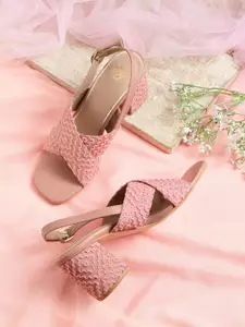 House of Pataudi Women Pink Woven Design Handcrafted Block Heels