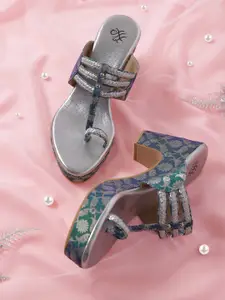 House of Pataudi Teal Green & Silver-Toned Woven Design & Braided Handcrafted Block Heels