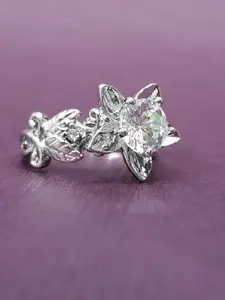 OOMPH Silver-Plated White Cubic Zirconia-Studded Floral Finger Rings