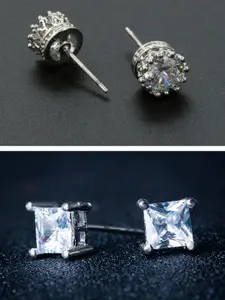 OOMPH Set Of 2 Silver-Toned Handcrafted Cubic Zirconia Studded Earring Stud