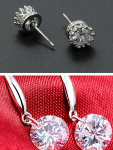 OOMPH Set Of 2  Silver-Toned Crown Design Contemporary Handcrafted Studs Earrings