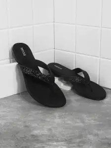 Mochi Women Black Embellished Leather Ethnic Open Toe Flats