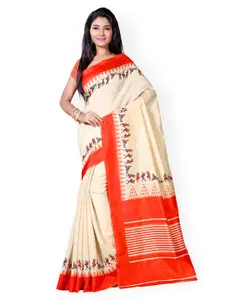 Saree mall Cream-Coloured & Orange Bhagalpuri Art Silk Printed Saree