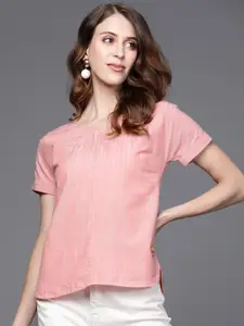 Fabindia Women Pink Pure Cotton Self-Striped Extended Sleeves High-Low Top