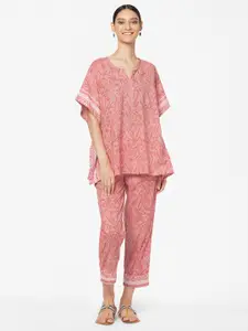 Fabindia Women Pink Hand Block Printed Pure Cotton Top with Trousers
