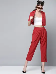 SASSAFRAS Women Maroon Cotton Linen Solid Crop Wrap Blazer Top