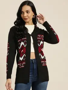 Sangria Women Black & Red Geometric Self Design Longline Front-Open Sweater