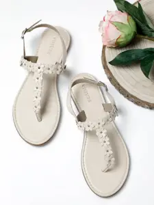 Vishudh Women Cream Embellished T-Strap Flats