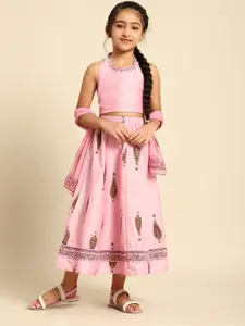 House of Pataudi Girls Pink Ready to Wear Lehenga & Blouse With Dupatta