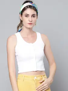 SASSAFRAS Women White Solid Ribbed Fitted Crop Top