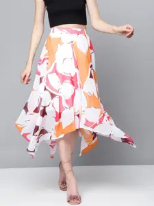 SASSAFRAS Off-White & Orange Floral Print Asymmetric Flared Midi Skirt
