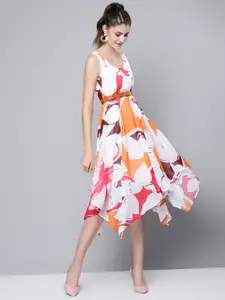 SASSAFRAS White & Orange Printed Midi A-Line Dress with Belt