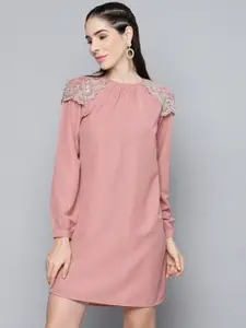 SASSAFRAS Rose Solid Lace Shoulder Patch Shift Dress