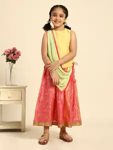House of Pataudi Girls Yellow & Pink Ready to Wear Lehenga & Blouse With Dupatta
