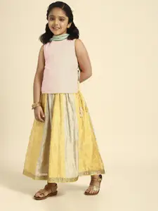 House of Pataudi Girls Yellow & Blue Ready to Wear Lehenga & Blouse With Dupatta