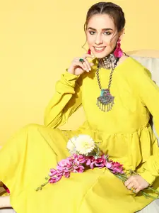 Ode by House of Pataudi Bright Yellow Gathered Festive Gown Kurta