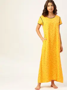 ETC Women Yellow Printed Maxi Nightdress