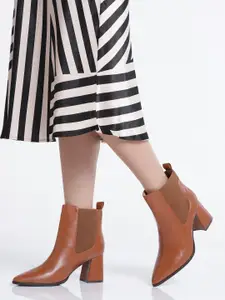 CORSICA Tan Brown Solid Mid-Top Block Heeled Chelsea Boots