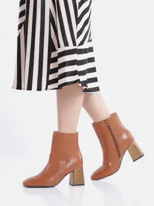 CORSICA Tan Brown Solid Mid-Top Block Heeled Boots