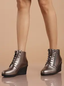 DressBerry Women Gunmetal-Toned Solid Mid-Top Heeled Boots