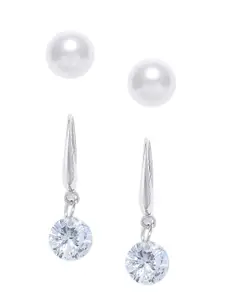 OOMPH Set of 2 White Pearl & Silver-Toned Delicate Cubic Zirconia-Studded Drop Earrings