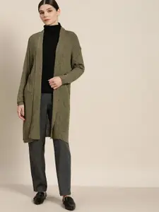 ether Women Olive Green Solid Longline Front-Open Sweater