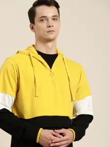 ether Men Mustard Yellow & Black Colourblocked Hooded Sweatshirt