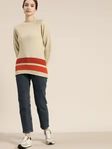 ether Women Beige & Rust Orange Self-Design Striped Acrylic Pullover Sweater