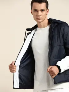 ether Men Navy & White Colourblocked Padded Jacket with Detachable Hood