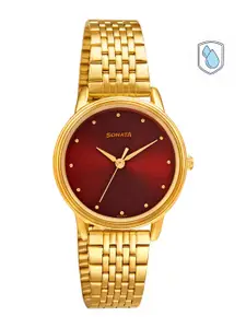 Sonata Women Red Brass Embellished Dial & Gold Toned Stainless Steel Bracelet Style Straps Analogue Watch