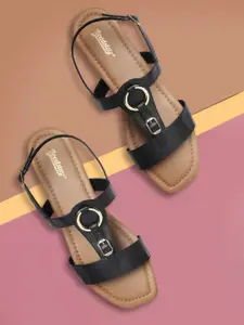 Roadster Women Black Solid Open Toe Flats with Buckle Detail