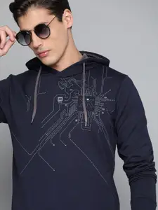 Kook N Keech Men Navy Blue & Charcoal Grey Printed Hooded Sweatshirt
