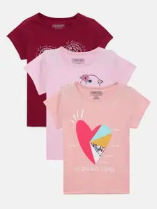 Cherokee Girls Set of 3 Maroon & Pink Floral Printed T-shirt