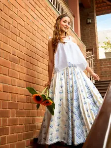 W Women Beige & Blue Floral Printed Flared Maxi Ecru Skirt