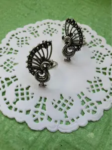 FIROZA Set of 2 Silver-Toned Oxidised Peacock Shaped Adjustable Toe Rings
